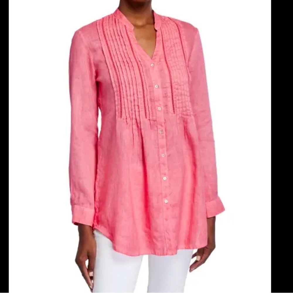 120% Lino Linen Pink Blouse womens size Small Band Collar Pintucked Button IT 38